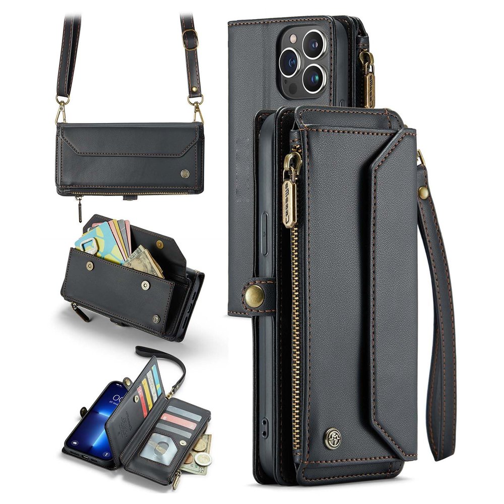 Personalised Card Holder Zipper Wallet Crossbody Phone case for iPhone15/14/13, for Samsung Galaxy Series, Personalized Magnetic Wallet Case with Long Shoulder Strap (Black,for iPhone 13ProMax)