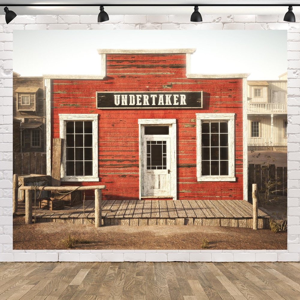 CORFOTO Western Town Backdrop Fabric 7x5ft Rustic Western Undertaker Photo Background for Western Cowboy Themed Party Decorations Wild West Birthday Photo Booth Studios Props