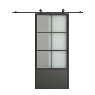 30 in. x 84 in. 3/4 Lites Frosted Glass Black Steel Frame Interior Barn Door with Sliding Hardware Kit and Door Handle