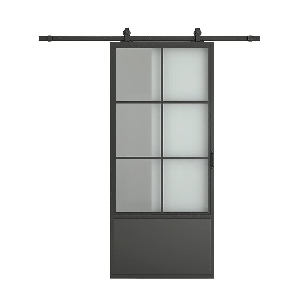 30 in. x 84 in. 3/4 Lites Frosted Glass Black Steel Frame Interior Barn Door with Sliding Hardware Kit and Door Handle