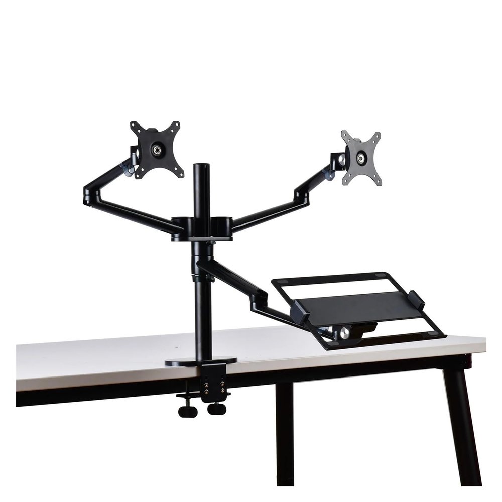 AVXANKTG OL-10T Aluminum Height Adjustment Desktop Dual 17-32 Inch Monitor Stand + 12-17 Inch Laptop Stand Full Motion Triple Mount Arm, Black