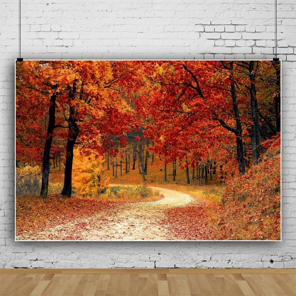 Leowefowa 15x8ft Fall Photography Backdrop Gold Fall Forest Scenery Deciduous Background Red Maple Leaves Tree View Road Landscape Family Party Banner Decor Photo Supplies Prop