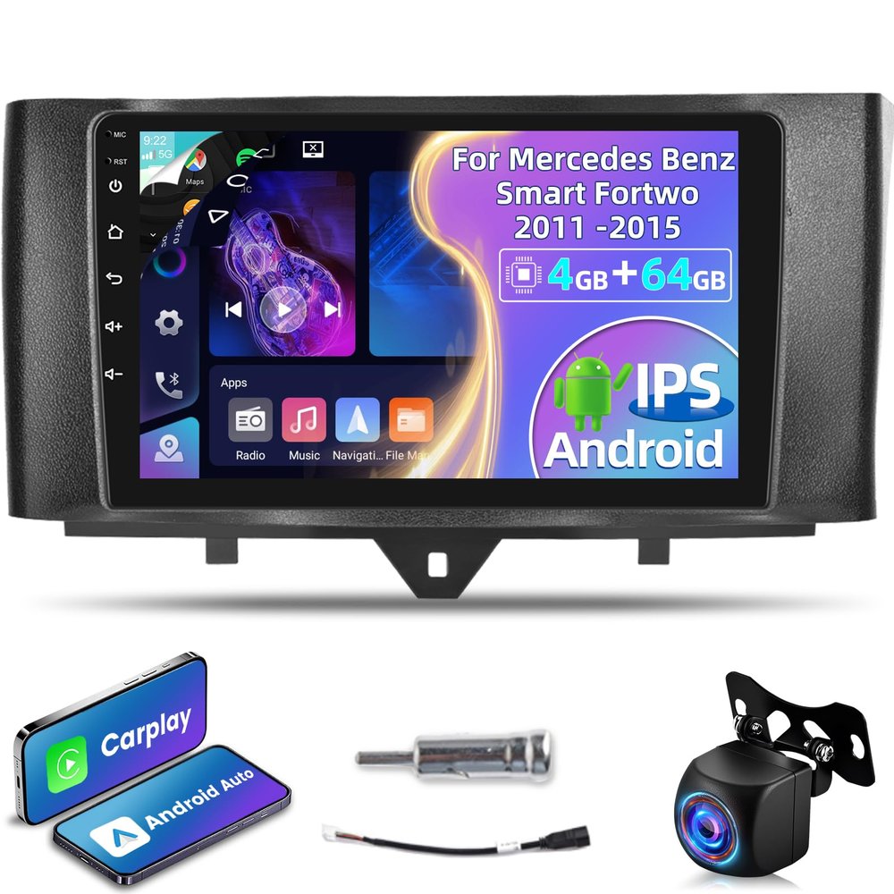 [4+64G] Car Radio for Mercedes Benz Smart Fortwo 2011-2015, 9 inch IPS 1280 * 720P Touchscreen Android Stereo - Wireless Carplay and Android Auto, AI DSP, Customize Homepage,SWC + AHD Backup Camera
