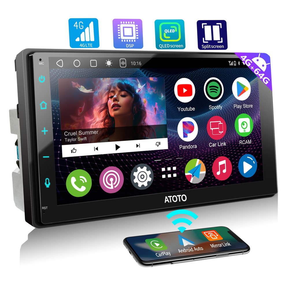 ATOTOZONE A6PF Plus 8-Core 4G+64G 7inch Android Double DIN Car Stereo, 4G LTE, Wireless CarPlay/Android Auto QLED Touch Screen, WiFi/BT/USB Tethering, Dual Bluetooth, 36-Band EQ, AI Chat, DSP/LRV/SWC