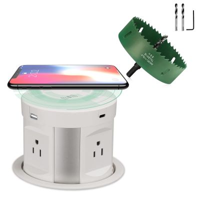 Automatic Pop up Outlet, Wireless Charger Power Strip 4 AC Plug + Type-A and Type-C USB Port Outlets with 4.72 Inch/120mm Hole Saw