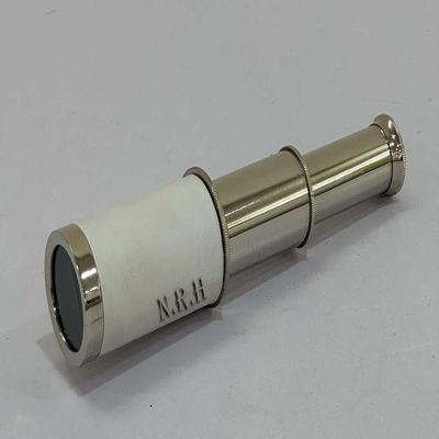 6" Solid Brass Handheld Telescope - Nautical Pirate Spy Glass Rustic Vintage Home Decor Gifts (Silver & White Leather Grip)