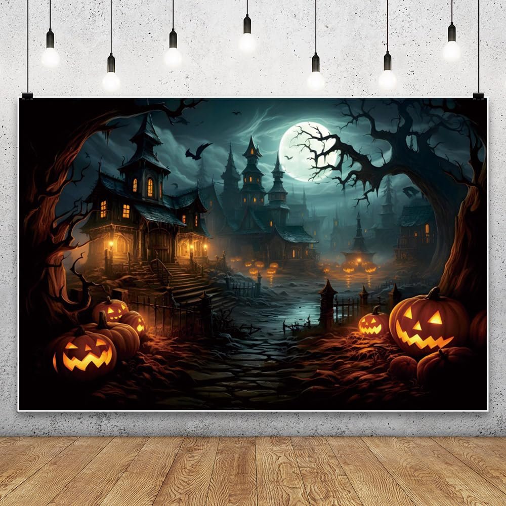 Leowefowa 15x8ft Halloween Photography Backdrop Horror Moon Night Pumpkin Lantern Background Scary Castle Dead Tree Branch Horror Moon Party Banner Decor Photo Supplies Prop