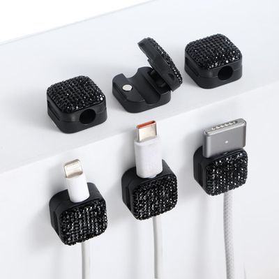 Sparkly Diamond Cord Organizer Holder, 6 Pack Magnetic Desk Cable Clips Management, Hide Phone Charging Cable Keeper, Strong Adhesive Wire Charger Holder for Nightstand, Kitchen Appliances (Black)