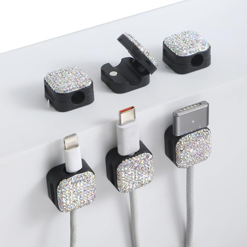 Sparkly Diamond Cord Organizer Holder, 6 Pack Magnetic Desk Cable Clips Management, Hide Phone Charging Cable Keeper, Strong Adhesive Wire Charger Holder for Nightstand, Kitchen Appliances (AB)