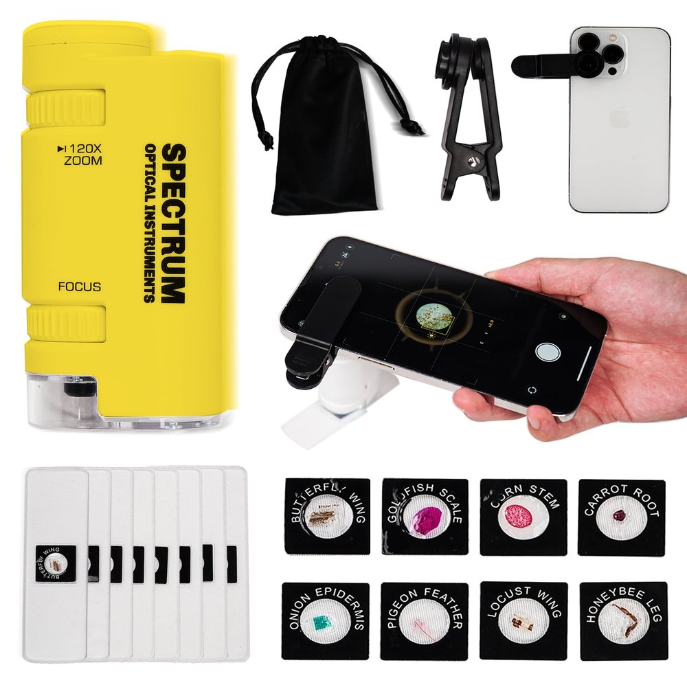 EasyMicro LED Lighted Pocket Microscope 60-120X Magnification Yellow Color
