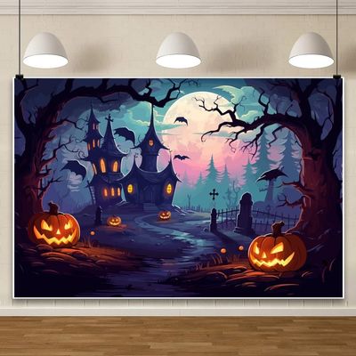 ChloropLastid 15x8ft Halloween Backdrop for Photography Scary Full Moon Night Cemetery Bat Pumpkins Lantern Haunted Castle Background Horrible Halloween Kids Party Decorations Banner Photo Props