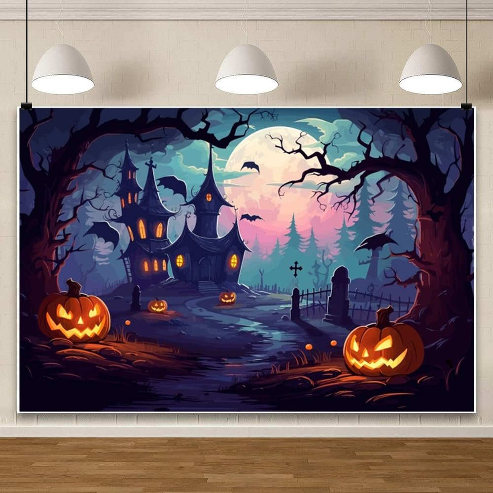 ChloropLastid 15x8ft Halloween Backdrop for Photography Scary Full Moon Night Cemetery Bat Pumpkins Lantern Haunted Castle Background Horrible Halloween Kids Party Decorations Banner Photo Props