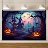 ChloropLastid 15x8ft Halloween Backdrop for Photography Scary Full Moon Night Cemetery Bat Pumpkins Lantern Haunted Castle Background Horrible Halloween Kids Party Decorations Banner Photo Props view 1