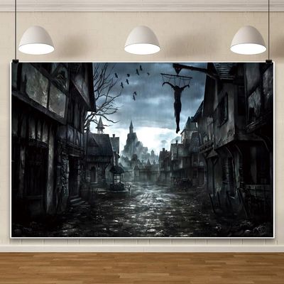 ChloropLastid 10x8ft Halloween Horror Haunted City Backdrop Scary Dark Rainy Night Ghosts Deserted Castle Background for Photography Horrorible Halloween Night Theme Party Photo Shoot Booth Props