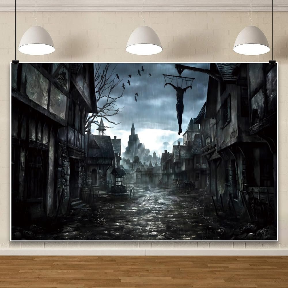 ChloropLastid 10x8ft Halloween Horror Haunted City Backdrop Scary Dark Rainy Night Ghosts Deserted Castle Background for Photography Horrorible Halloween Night Theme Party Photo Shoot Booth Props