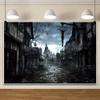 ChloropLastid 10x8ft Halloween Horror Haunted City Backdrop Scary Dark Rainy Night Ghosts Deserted Castle Background for Photography Horrorible Halloween Night Theme Party Photo Shoot Booth Props view 1