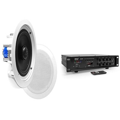 Pyle 6.5" 70v Ceiling Mount Speakers Pair with 500W Bluetooth Home PA Mixing Amplifier with USB/AUX/Mic Inputs