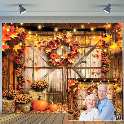 10 x 6.5 ft Fall Thanksgiving Backdrop Barn Door Photo Autumn Pumpkin Harvest Background Hay Maple Leaves Fall Harvest Thanksgiving Day Baby Shower Party Decor Photo Booth Props