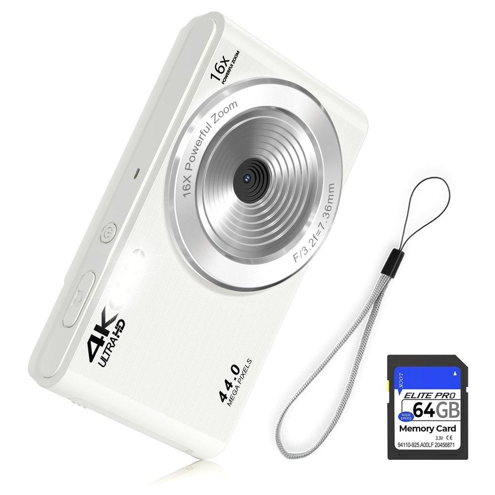 44MP FHD 4K Autofocus Kids Camera with 16x Zoom, Compact Point and Shoot Camera for Kids with 64GB SD Card, 2 Batteries, Simple Small Digicam for Teens (PureWhite)