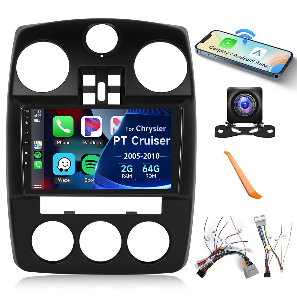 2+64G- for Chrysler PT Cruiser 2005-2010 Car Radio with Wireless Carplay/Android Auto,Android Car Stereo 9 Inch Touch Screen GPS Navigation WiFi Bluetooth FM/RDS Mirror Link SWC Backup Camera