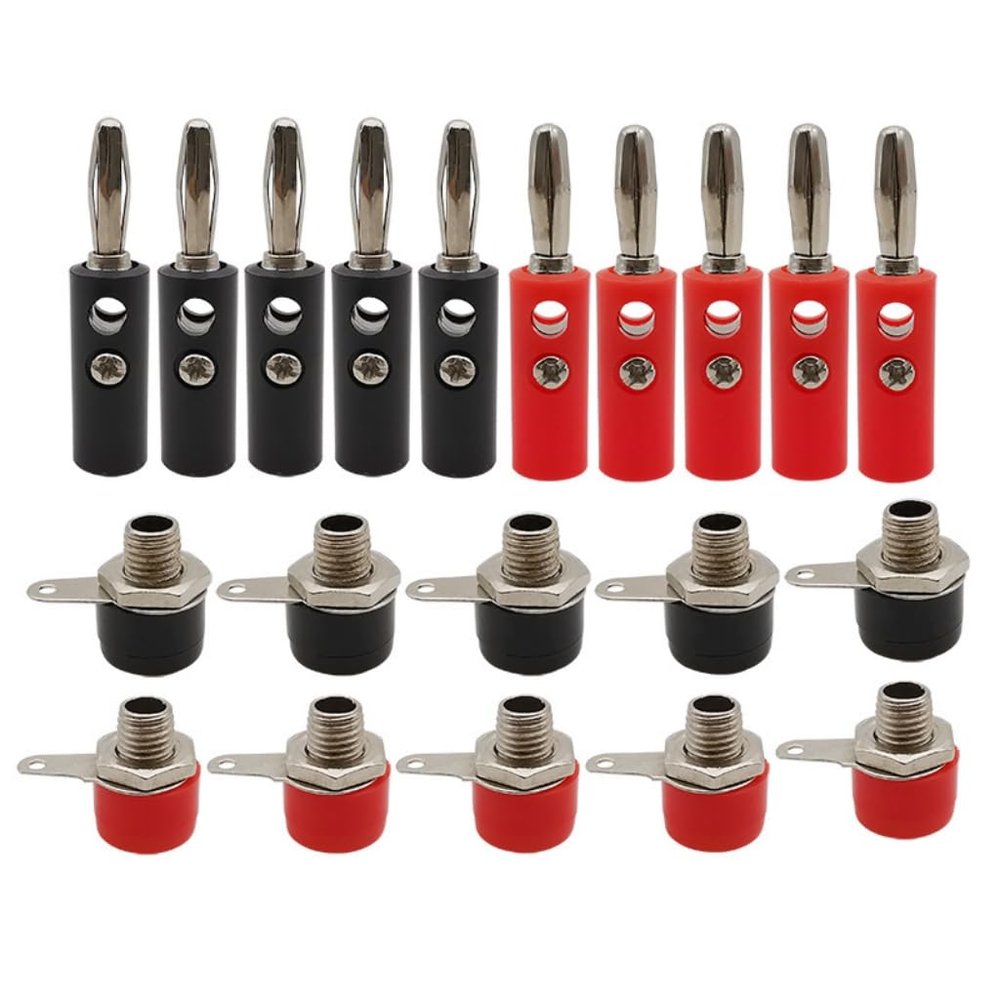 Lzzvibo 10Pair Silver 4mm Banana Plug Male and Female 4mm Banana Jack Panel Mount Banana Socket Terminal Connector Adapter Insulated Crimp Terminals for Automotive, Marine, Solar (5Red5Black)