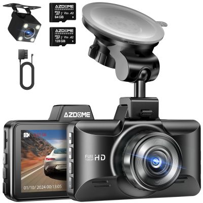 AZDOME Dual Dash Cam with 128GB SD Card and Mini USB OBD Hardwire Kit