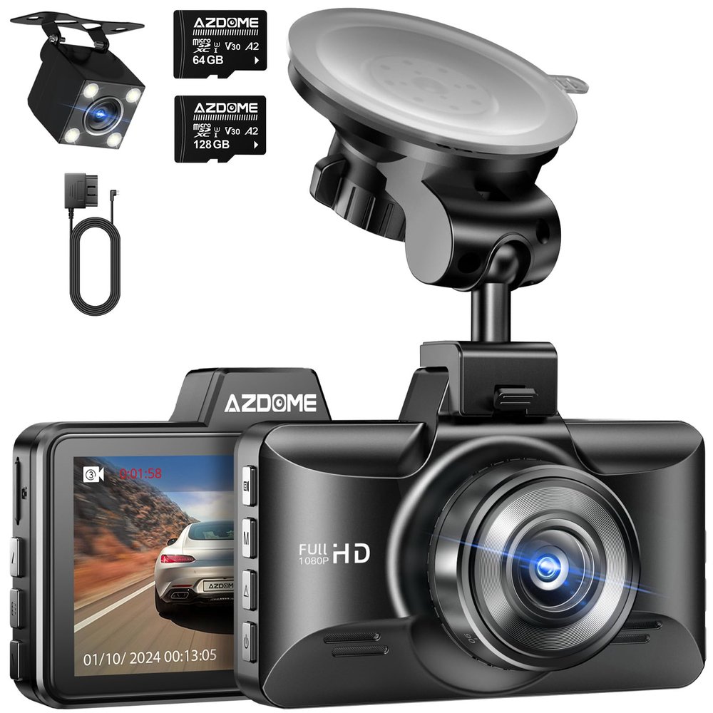 AZDOME Dual Dash Cam with 128GB SD Card and Mini USB OBD Hardwire Kit