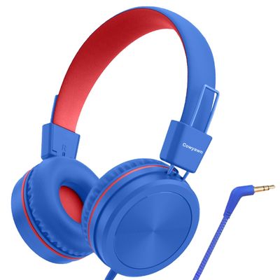 Cowyawn Kids Headphones, Toddler Headphones with Safe Volume Limiter 94dB, Wired School Headphones for Kid, 3.5mm Adjustable On-Ear Headphone for Boys/Girls/Children/Teens/iPad/Computer, Navy Red