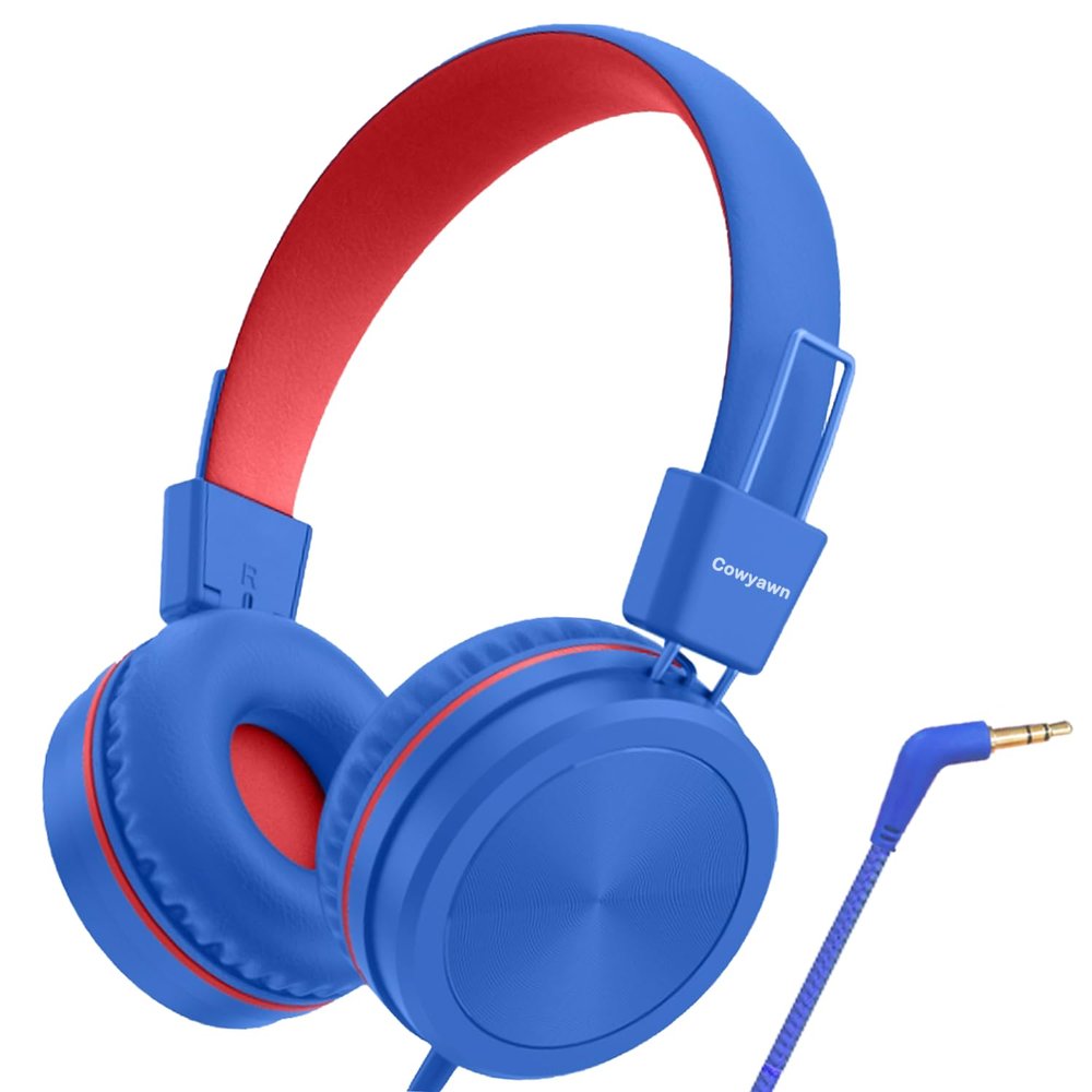 Cowyawn Kids Headphones, Toddler Headphones with Safe Volume Limiter 94dB, Wired School Headphones for Kid, 3.5mm Adjustable On-Ear Headphone for Boys/Girls/Children/Teens/iPad/Computer, Navy Red