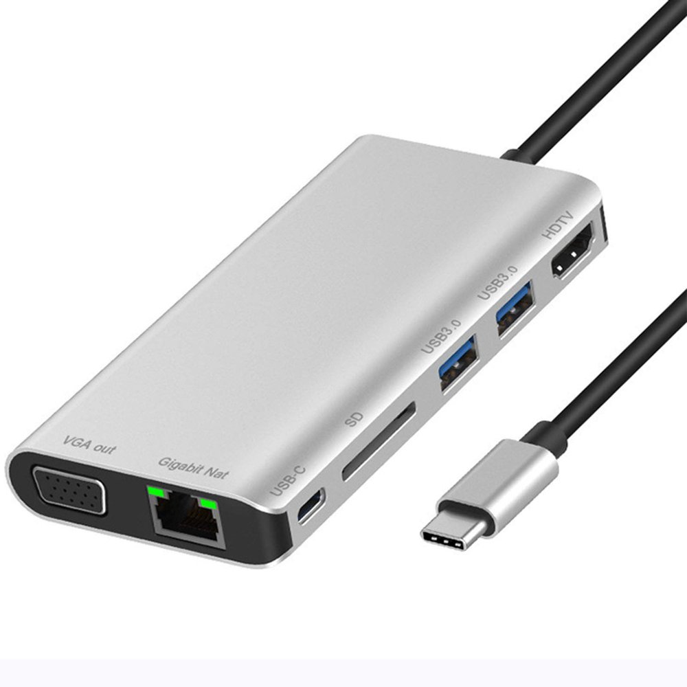 USB Hub Type-C to HDMI VGA Gigabit Ethernet 2 USB USB C SD Card Reader 7-in-1 Docking Hub for Notebooks with Type-C Interface Silver