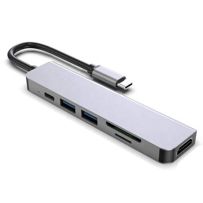 6 in 1 USB C Hub USB Docking Station with 4K HDMI 2 USB 3.0 SD Slot TF Slot Type C PD Port Ultra Slim Aluminum Portable Data Hub