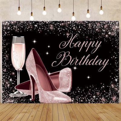 Rose Gold Glitter Happy Birthday Backdrop High Heels Champagne Glass Background for Adult Women Birthday Party Backdrop Glitter Champagne Heels Black Gold Sequin Dots Bday Party Banner,5x3feet
