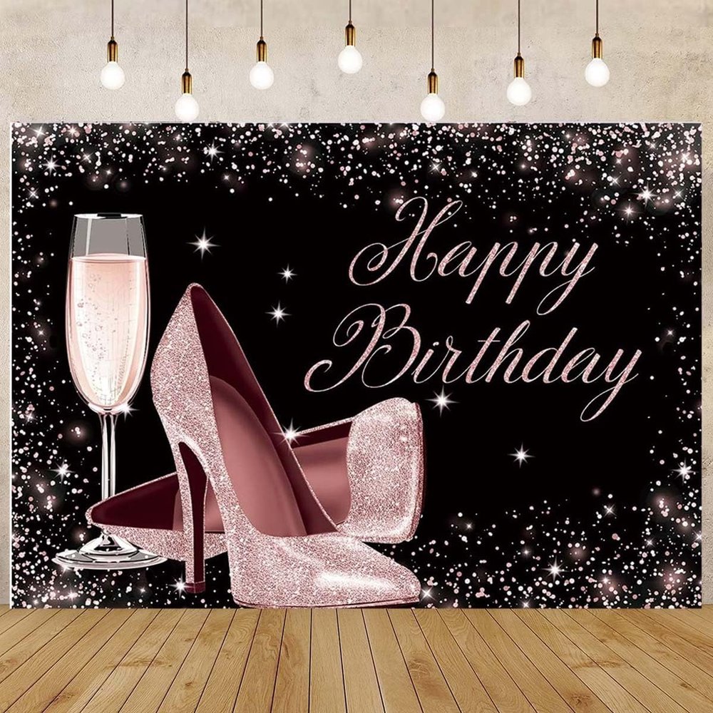 Rose Gold Glitter Happy Birthday Backdrop High Heels Champagne Glass Background for Adult Women Birthday Party Backdrop Glitter Champagne Heels Black Gold Sequin Dots Bday Party Banner,5x3feet