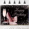 Rose Gold Glitter Happy Birthday Backdrop High Heels Champagne Glass Background for Adult Women Birthday Party Backdrop Glitter Champagne Heels Black Gold Sequin Dots Bday Party Banner,5x3feet view 3