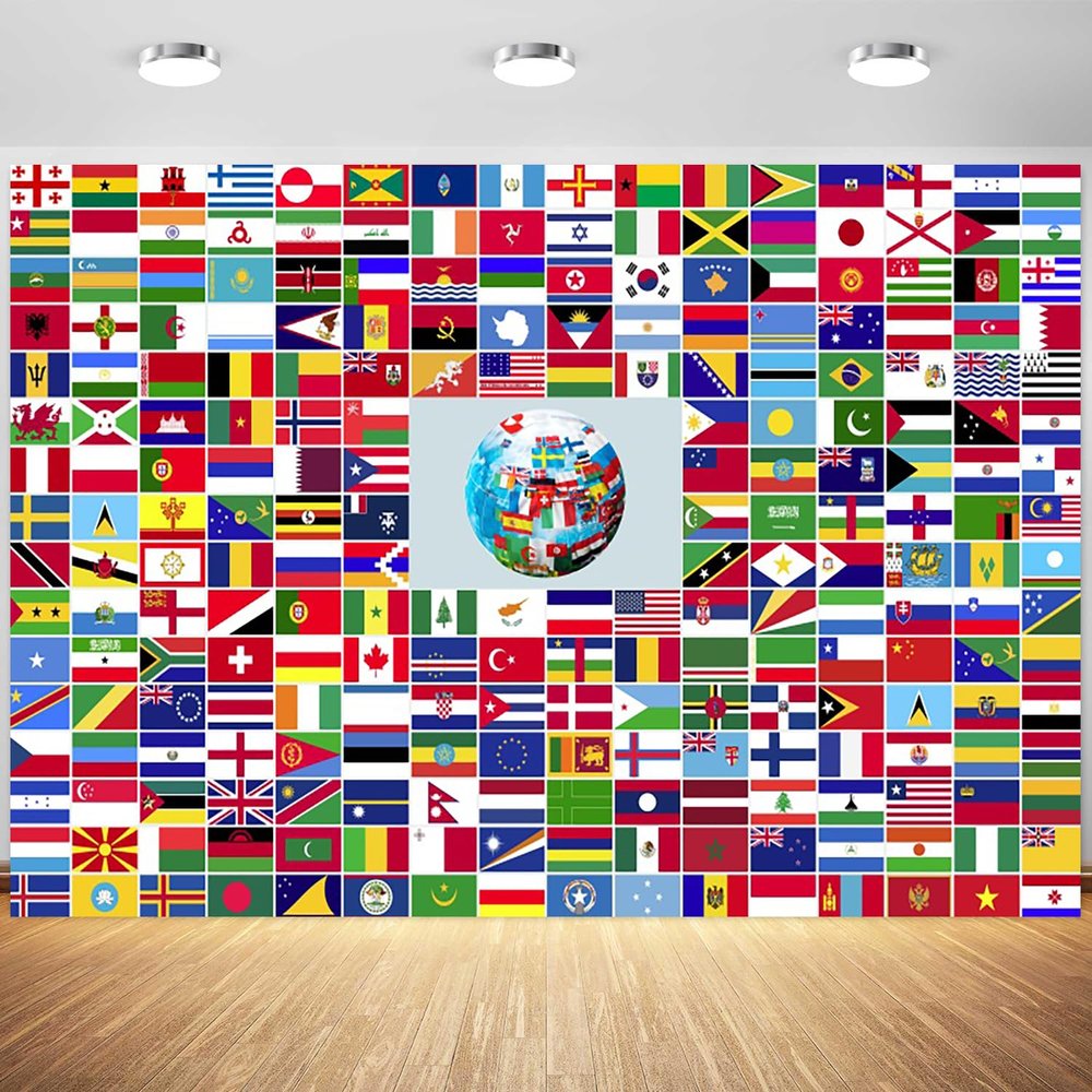 12x8ft World Flag Backdrop Global International Flags Photography Background Country Flags Banner Office School Classroom Wallpaper Decoration Photo Booth Props