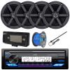 Single DIN Headunit Bluetooth Radio USB AUX AM/FM Digital Media Marine Receiver Bundle Combo with 2 Pairs (QTY 4) 6.5" 2-Way 100 Watts Peak Boat Audio Speakers, Speaker Wire, Antenna, Radio Cover view 1