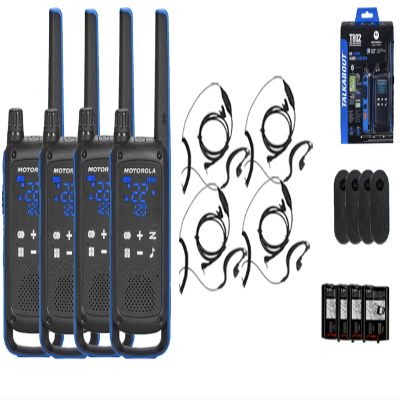 Motorola Solutions, Talkabout T802, Portable FRS Two Way Radio 4 Pack Walkie Talkies Blue/Black 22 Channels 4 PTT Curl Earpieces