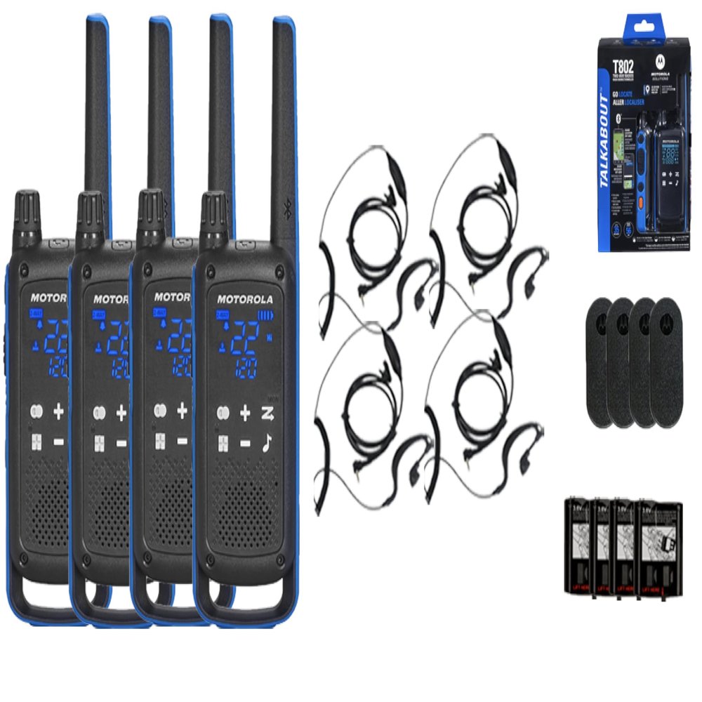 Motorola Solutions, Talkabout T802, Portable FRS Two Way Radio 4 Pack Walkie Talkies Blue/Black 22 Channels 4 PTT Curl Earpieces
