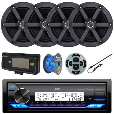 In-Dash Single DIN Headunit Bluetooth Radio USB AUX AM/FM Digital Media Marine Receiver w/ Wired Remote, 2 Pairs (QTY 4) 6.5" 2-Way 100W Peak Boat Audio Speakers, Speaker Wire, Antenna, Radio Cover