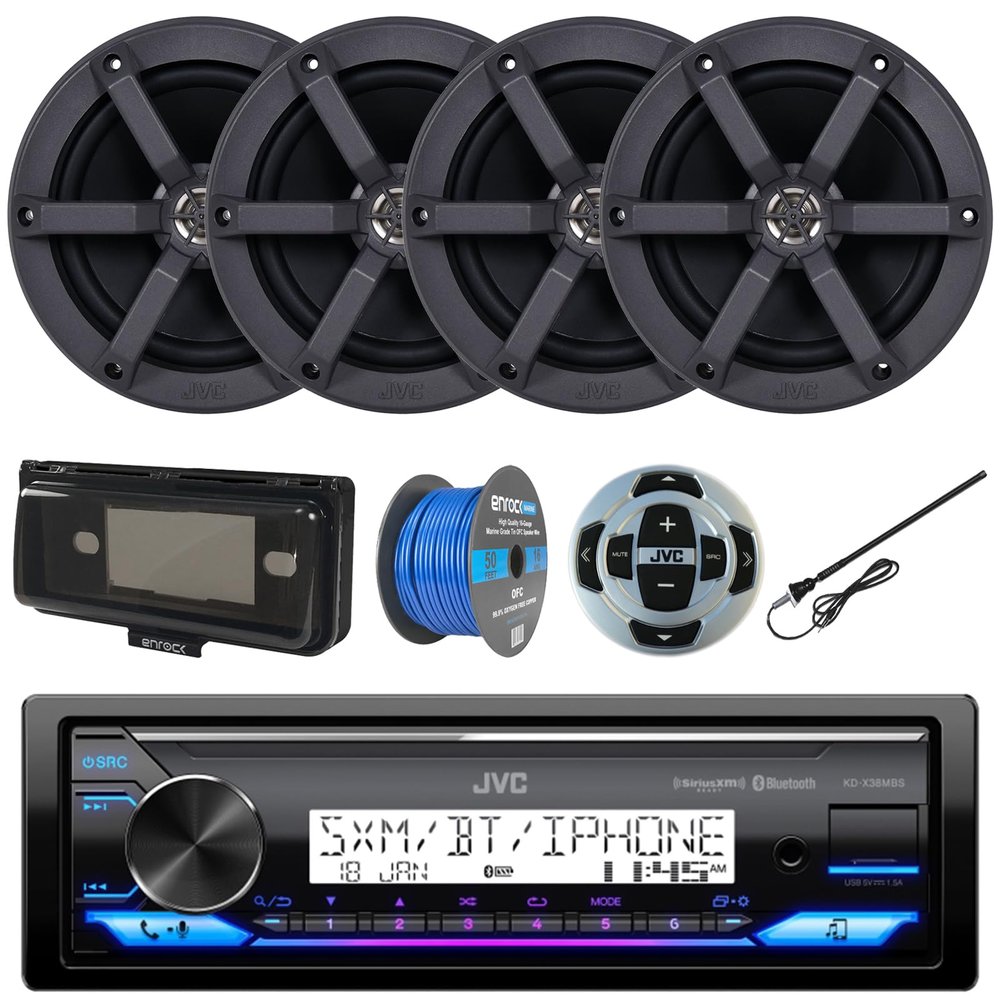 In-Dash Single DIN Headunit Bluetooth Radio USB AUX AM/FM Digital Media Marine Receiver w/ Wired Remote, 2 Pairs (QTY 4) 6.5" 2-Way 100W Peak Boat Audio Speakers, Speaker Wire, Antenna, Radio Cover