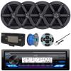 In-Dash Single DIN Headunit Bluetooth Radio USB AUX AM/FM Digital Media Marine Receiver w/ Wired Remote, 2 Pairs (QTY 4) 6.5" 2-Way 100W Peak Boat Audio Speakers, Speaker Wire, Antenna, Radio Cover view 1