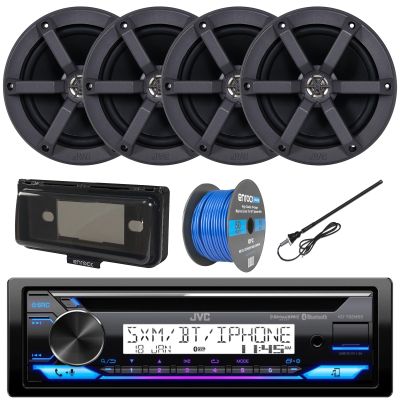 Single DIN Headunit Bluetooth Radio USB AUX AM/FM CD Player Marine Receiver Bundle Combo with 2 Pairs (QTY 4) 6.5" 2-Way 100 Watts Peak Boat Audio Speakers, Speaker Wire, Antenna, Radio Cover