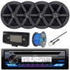 Single DIN Headunit Bluetooth Radio USB AUX AM/FM CD Player Marine Receiver Bundle Combo with 2 Pairs (QTY 4) 6.5" 2-Way 100 Watts Peak Boat Audio Speakers, Speaker Wire, Antenna, Radio Cover view 1