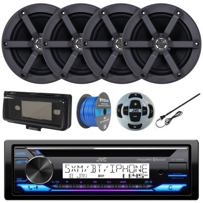 In-Dash Single DIN Headunit Bluetooth Radio USB AUX AM/FM CD Player Marine Receiver w/ Wired Remote, 2 Pairs (QTY 4) 6.5" 2-Way 100W Peak Boat Audio Speakers, Speaker Wire, Antenna, Radio Cover