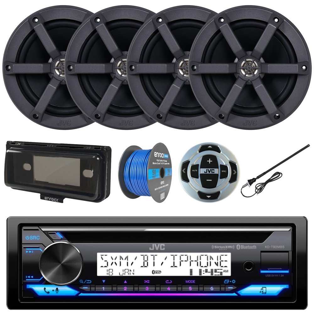 In-Dash Single DIN Headunit Bluetooth Radio USB AUX AM/FM CD Player Marine Receiver w/ Wired Remote, 2 Pairs (QTY 4) 6.5" 2-Way 100W Peak Boat Audio Speakers, Speaker Wire, Antenna, Radio Cover