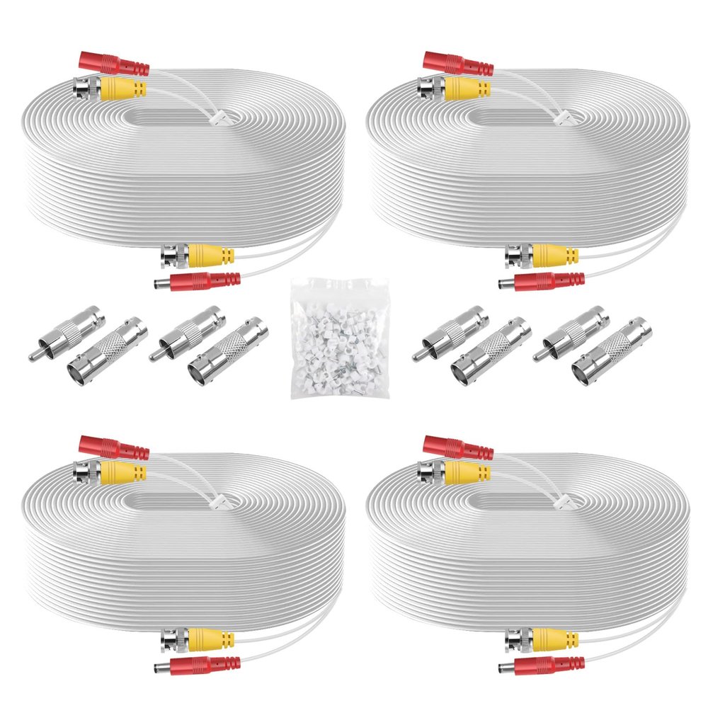 Atuinctv BNC Cable 4 Pack 30 Feet Security Camera Cable,CCTV Video Power Cable Wire for Surveillance Camera DVR Systems with 8pcs Connectors and 100pcs Cable Clips-White