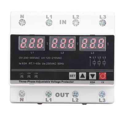 63A 3 Phase Adjustable Voltage Protector with Automatic Reset, Over Under Voltage, LED Display, DIN Rail Mounting AC120V300V