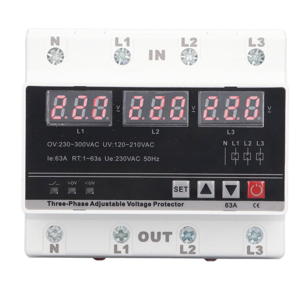 63A 3 Phase Adjustable Voltage Protector with Automatic Reset, Over Under Voltage, LED Display, DIN Rail Mounting AC120V300V