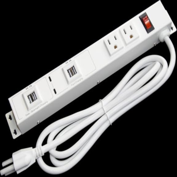 12" 2-Outlet Metal Power Strip, 6' Cord, 3000 Joules Surge Protection, Multi USB