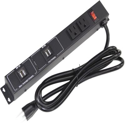 12" 2-Outlet Metal Power Strip, 6' Cord, 3000 Joules Surge Protection, Multi USB